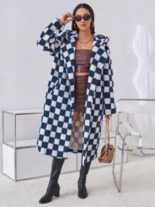 Aveloria Checker Plaid Turn-Down Collar Hooded Coat Fall Cloth For Women - Blue and White - View 5