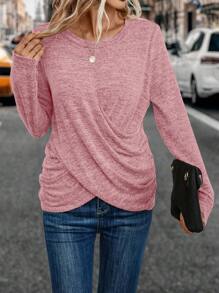 SHEIN LUNE Women's Two Tone Knitted Cross Hem T-shirt - Pink - View 3