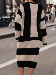 SHEIN LUNE Plus Size Contrast Color Drop Shoulder Sweater And Skirt Set - Multicolor - View 2