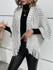 SHEIN LUNE 女士條紋流蘇邊蝙蝠袖開襟針織外套 - 黑與白 - 查看 6
