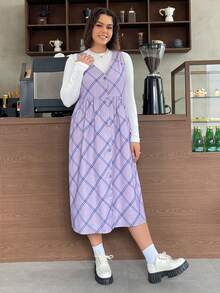 SHEIN EZwear 女款大尺寸無袖扣細節格紋印花洋裝 - 彩色 - 查看 3