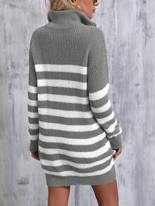 SHEIN Frenchy Của phụ nữ Dây kéo nửa Áo cao cổ Thả vai Sọc Đầm Áo len - Xám - Xem 2