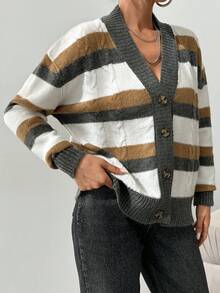 SHEIN Của phụ nữ Sọc Thả vai Áo len Mở - Nhiều màu - Xem 5