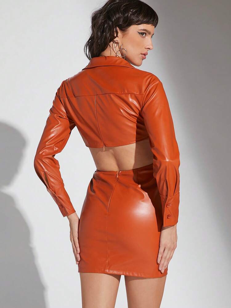 Cut Out Waist PU Leather Lapel Dress