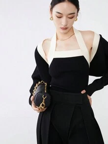 女款拼色修身簡約針織吊帶背心和青果領開襟衫 - 黑色 - 查看 1