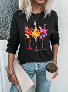 SHEIN LUNE Wine Glass Design Drop Shoulder T-shirt - Black - View 1
