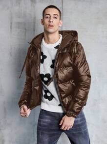 Manfinity VCAY 1pc Loose Fit Solid Color Drawstring Hooded Padded Coat, For Fall Winter - Brown - View 7