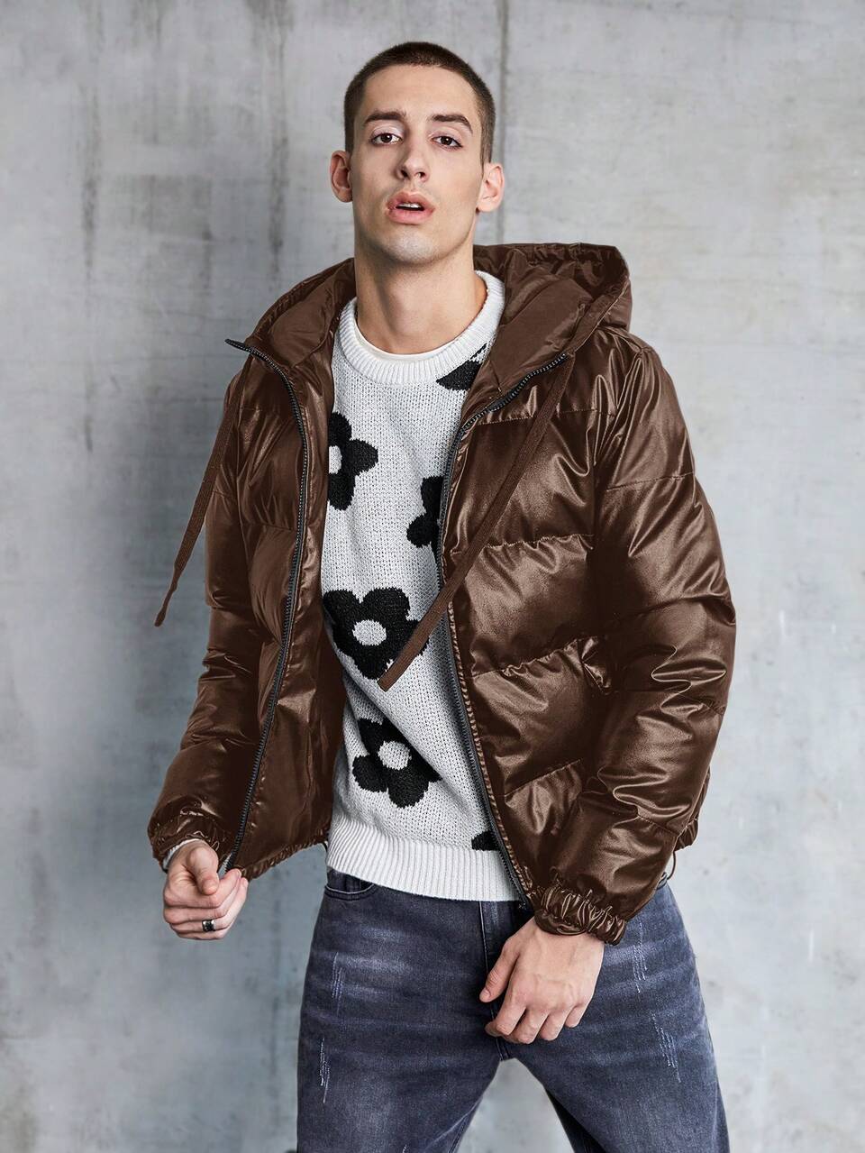 1pc Loose Fit Solid Color Drawstring Hooded Padded Coat, For Fall Winter