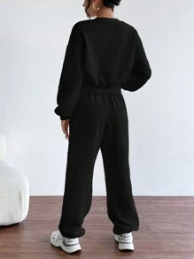 SHEIN Essnce Women's Round Neck Drop Shoulder Sweatshirt And Joggers Set - Black - View 2