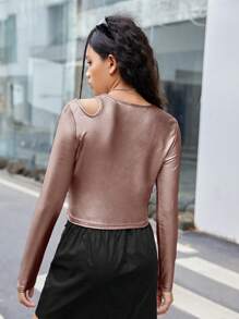 少女冷肩長袖t恤 - 香檳色 - 查看 2