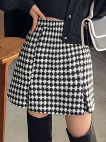 FRIFUL 女式格子圖案開衩裙 - 黑與白 - 查看 1