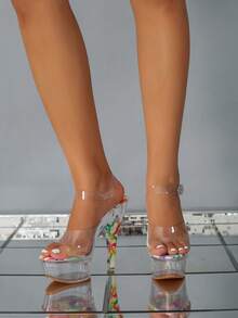 女士透明pvc粗防水平台高跟涼鞋,優雅派對鞋 - 無色 - 查看 5