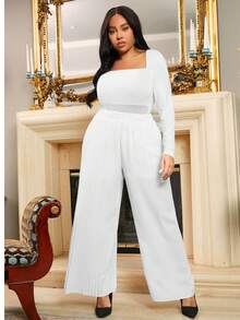 SHEIN SXY 大尺碼女士彈性褶皺腰帶褲 - 白色 - 查看 3