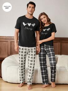 Heart & Letter Embossed T-Shirt And Plaid Long Pants Pajama Set - Black - View 3