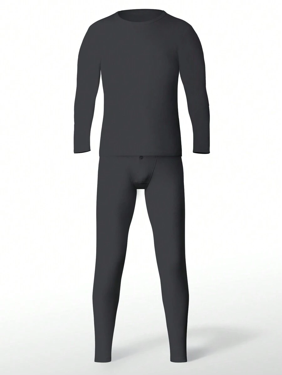 男士灰色圓領長袖長褲保暖內衣套裝 - 深灰色 - 查看 1