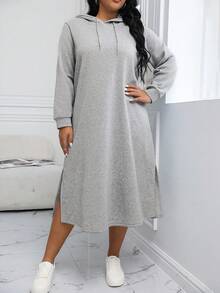 Calvaya 大码休闲抽绳连帽侧开衩抓绒卫衣，秋冬款 - 灰色 - 查看 6