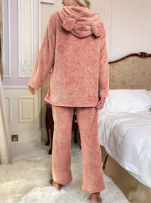 Của phụ nữ Màu thuần áo có mũ Sang trọng Đồ ngủ Bộ - Bụi hồng - Xem 2