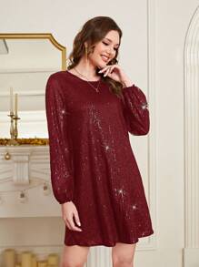 EMERY ROSE 女士純色亮片連衣裙 - 酒紅色 - 查看 5