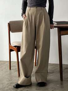 Dazy Designer Solid Color Fold-over Pleated Wide Leg Pants - Khaki - View 7
