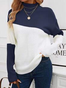 SHEIN Clasi Ladies' Contrast Color Drop Shoulder Stand Collar Sweater - Royal Blue - View 6