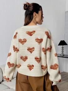 Flirla Women's Heart Pattern Drop Shoulder Knit Pullover Fall Winter Sweater - Multicolor - View 2