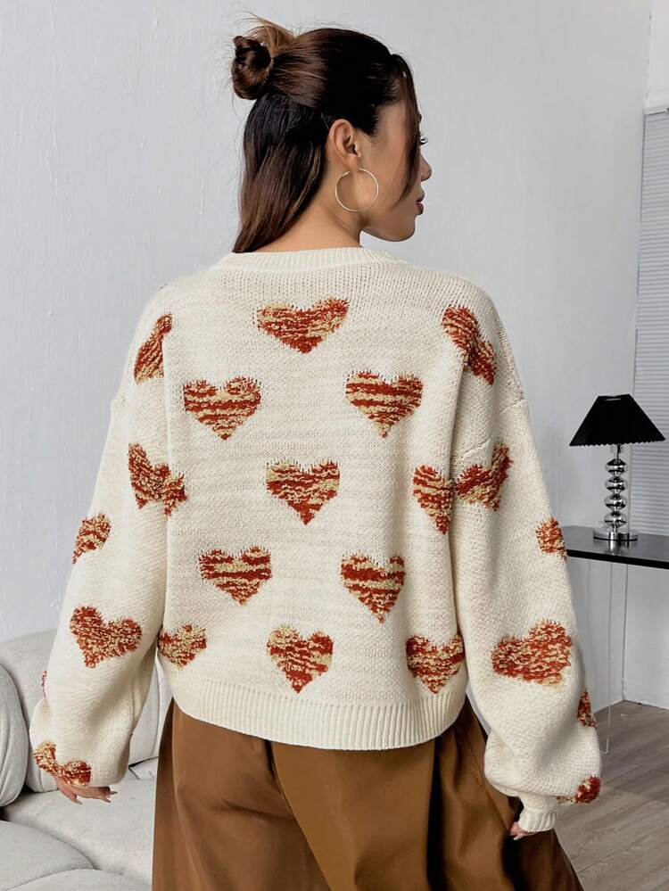 Women's Heart Pattern Drop Shoulder Knit Pullover Fall Winter Sweater