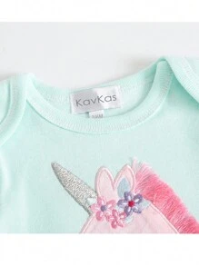 Baby Girl Summer Short Sleeve Unicorn Print Bodysuit - Multicolor - View 3