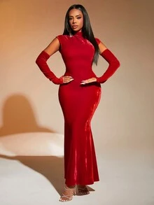 SHEIN SXY 女士實色修身立領聖誕連衣裙 - 紅色 - 查看 4