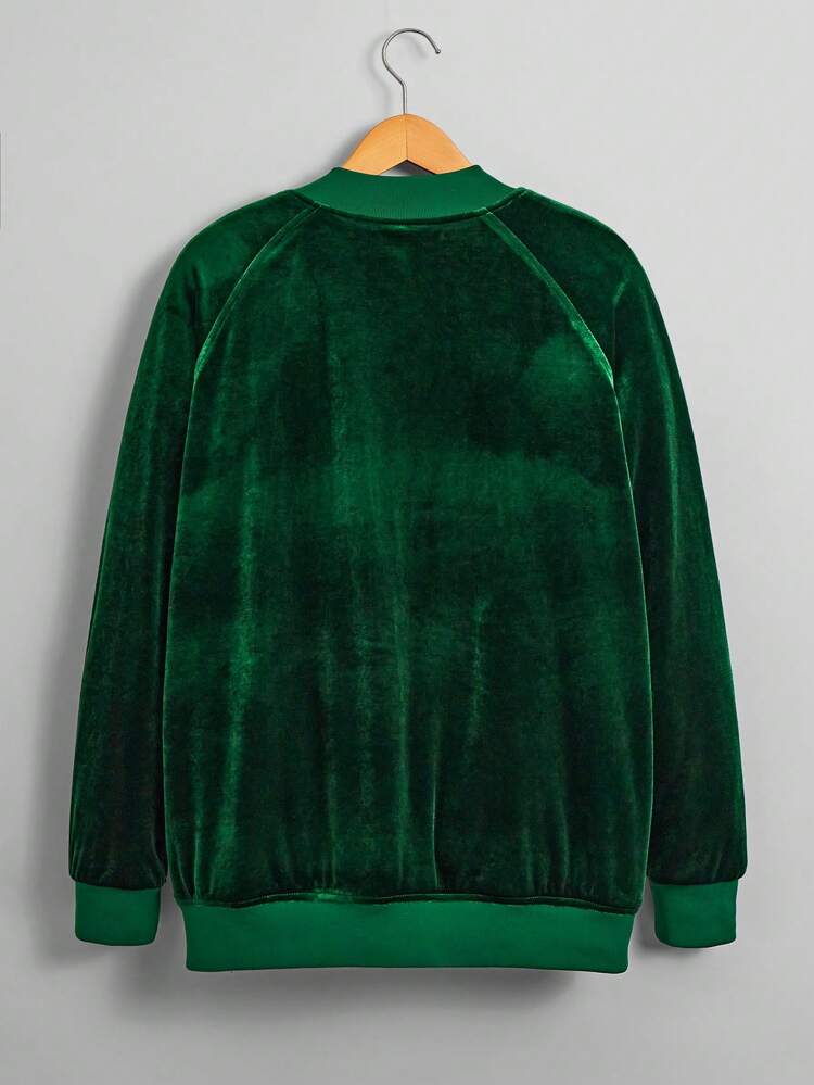 Men's Loose Fit Velvet Raglan Sleeve Bomber Coat With Letter Patch, Winter (Without Hood)