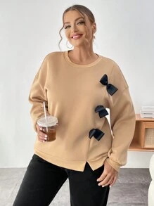 SHEIN Essnce Áo len cổ tròn cỡ lớn dành cho nữ, trang trí nơ - Màu Khaki - Xem 3