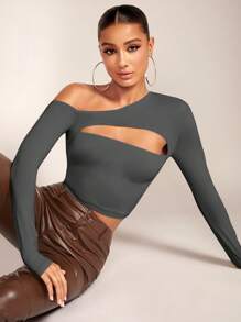 SHEIN BAE Của phụ nữ Không đối xứng Đường viền cổ áo Xu hướng: Cắt giảm Thon gọn Áo thun - Màu xám đen - Xem 6
