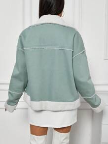 Faux Sheep Wool Lined, Drop Shoulder, Denim Jacket - Green - View 2