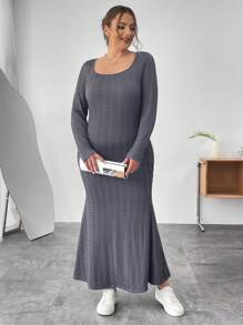 SHEIN Essnce Plus Size Solid Color Scoop Neck Mermaid Hem Dress - Dark Grey - View 5