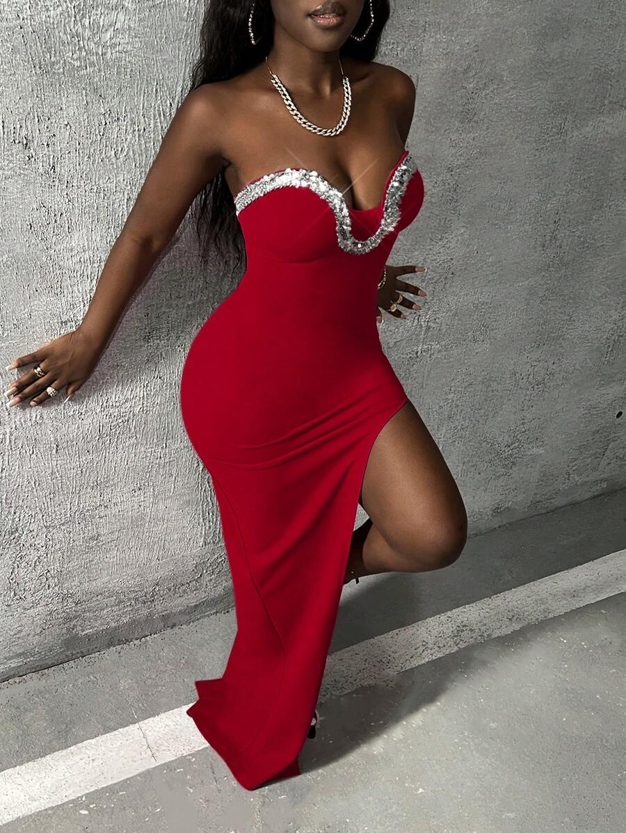 Slaydiva 女款無肩帶串珠裝飾連身裙 - 紅色 - 查看 1