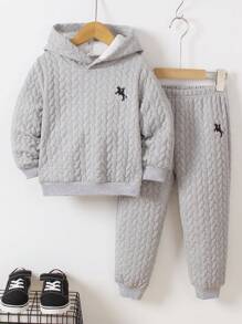 SHEIN Junge 2 Stücke/ Set Lässige Pferdereiter Muster Fleece Langarm Hoodie Und Lange Hose - Grau - Übersicht 4