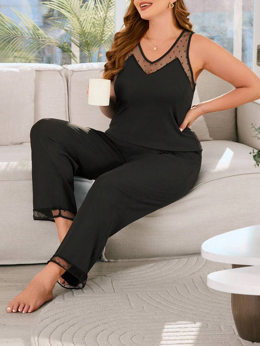 大尺碼女士圓點網拼接無袖上衣長褲睡衣套裝 - 黑色 - 查看 1