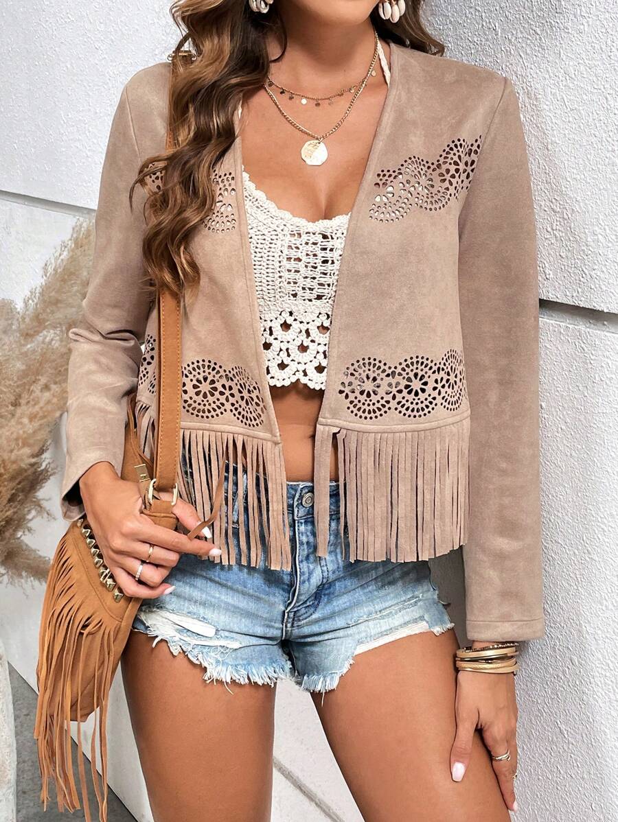 SHEIN VCAY Ngày lễ Xu hướng: Cắt giảm Tua Của phụ nữ Áo khoác - Màu Khaki - Xem 1