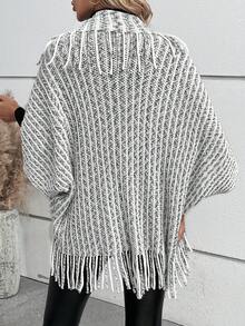 SHEIN LUNE 女士條紋流蘇邊蝙蝠袖開襟針織外套 - 黑與白 - 查看 2