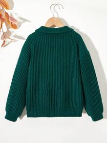 SHEIN Cô gái Tween Màu thuần Áo len Với Lớn Vòng cổ - màu xanh lá - Xem 2