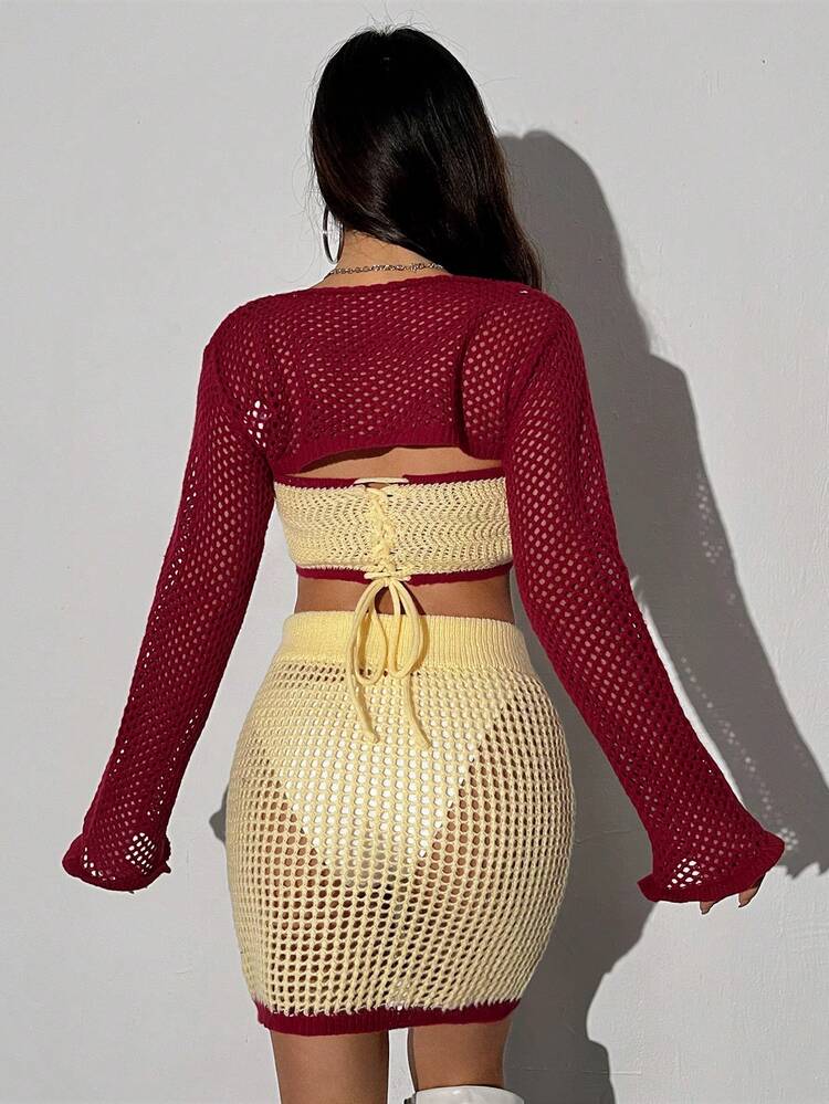 3pcs/set Cross Strap Bandeau Top, Cardigan, And Sweater Skirt