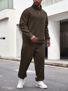 Manfinity Homme 男式加大码拉链半襟落肩运动衫和运动裤两件套 - 咖啡棕 - 查看 5