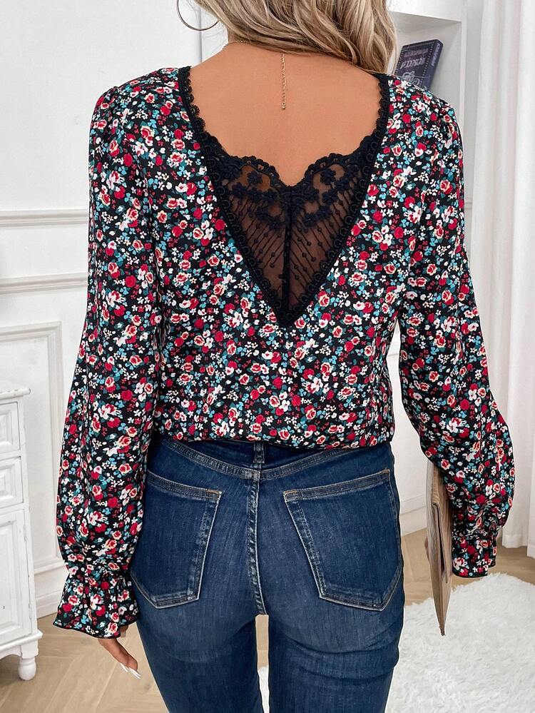 Women's Floral Lace Patchwork Shirt Winter Vacation Flower