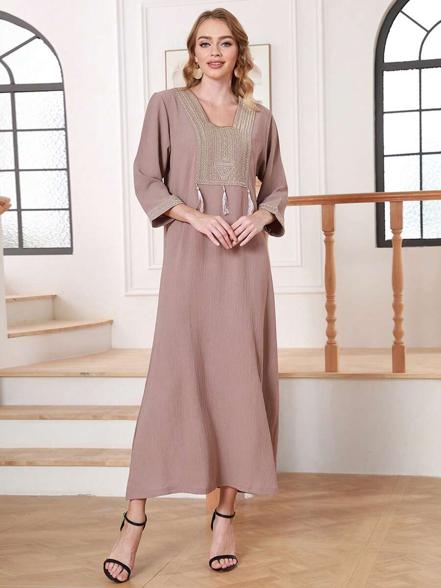 女士拼接流苏七分袖优雅阿拉伯风连衣裙 - 藕粉色 - 查看 1