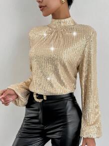 SHEIN Privé 女式無袖露背立領亮片上衣 - 金色 - 查看 4