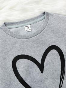 SHEIN Bộ quần nỉ lót nhiệt in hình trái tim và áo nỉ cho bé gái tuổi teen - Màu Xám nhạt - Xem 4