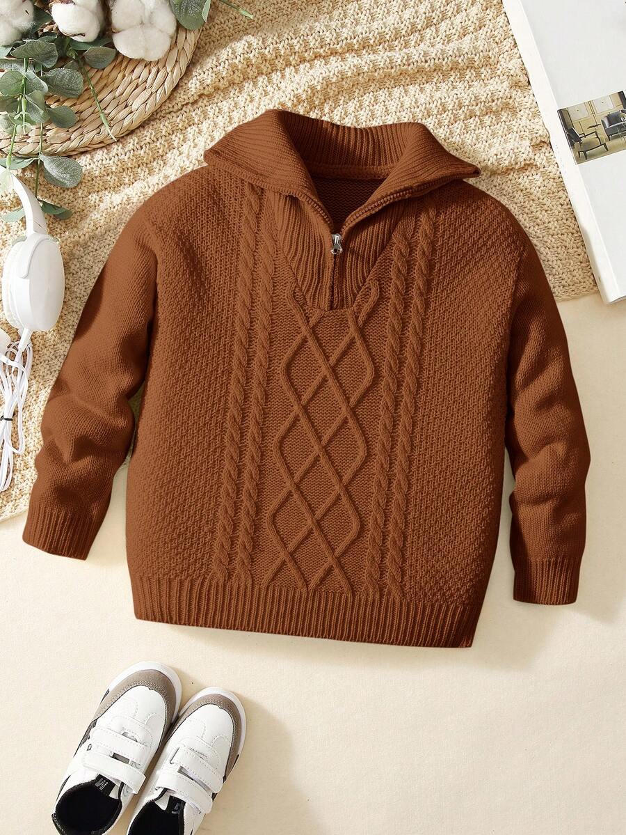 SHEIN Young Boy Solid Color Front Zipper Sweater - Brown - View 1