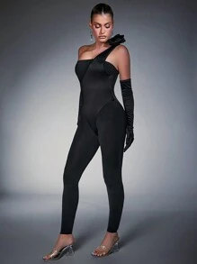 Hauture One Shoulder Rosette Jumpsuit With Gloves - Black - View 4