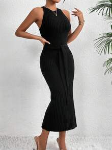 SHEIN Privé Women's Solid Color Belted Sweater Dress - Black - View 5