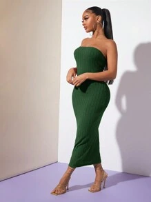 SHEIN SXY Của phụ nữ Màu thuần Thon gọn Ống ngọn Đầm - Màu xanh lá cây đậm - Xem 5