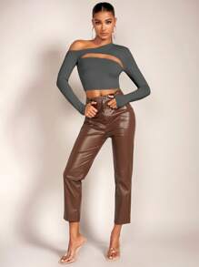 SHEIN BAE Của phụ nữ Không đối xứng Đường viền cổ áo Xu hướng: Cắt giảm Thon gọn Áo thun - Màu xám đen - Xem 4